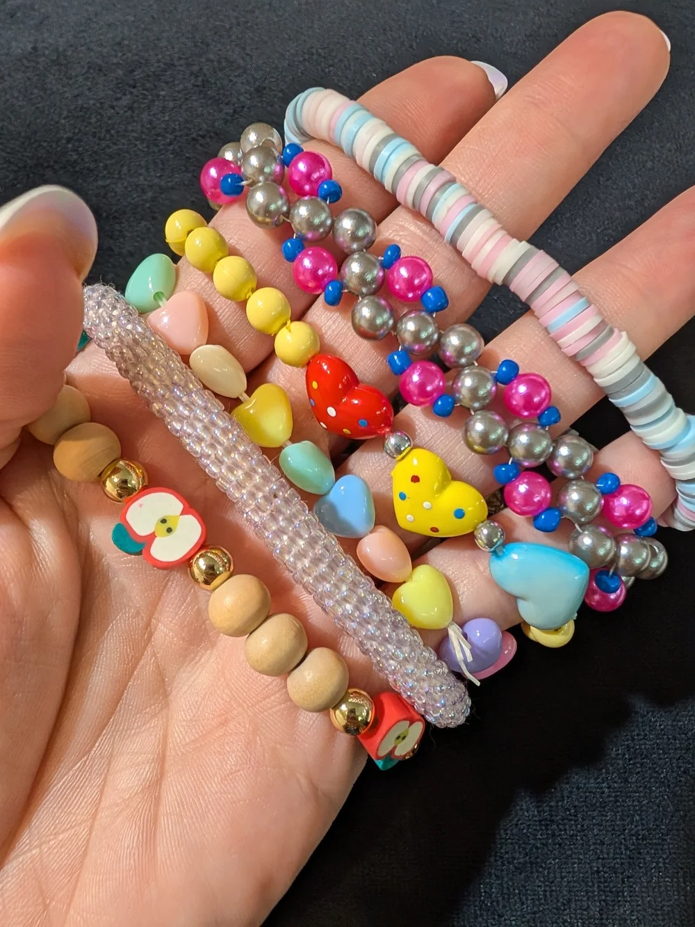 Kids Multi-Color Beaded Heart & Apple Bracelet 6 Pcs Set